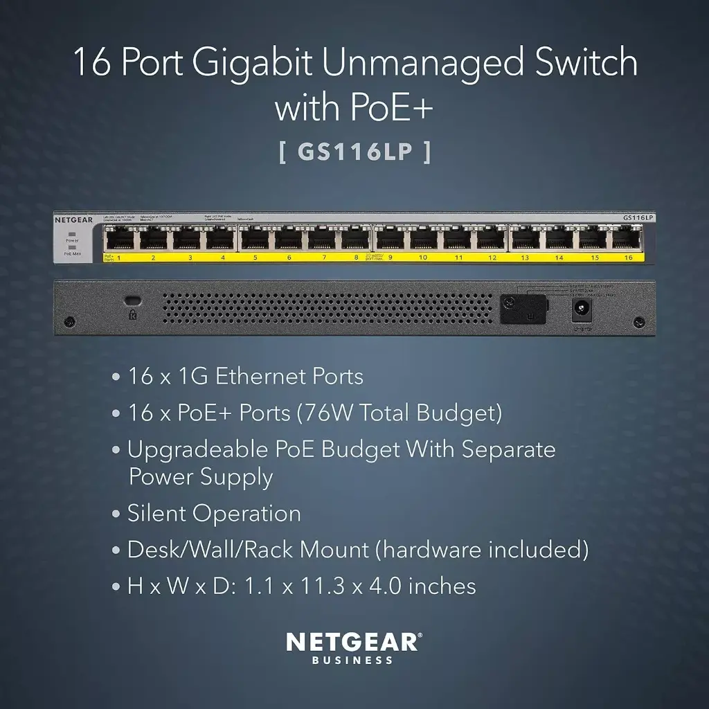 Netgear GS116LP-100EUS 16-Port Gigabit Ethernet Unmanaged PoE+ Switch with FlexPoE (76W) expandable to 115W or 183W (w/separately purchased power supply modules)