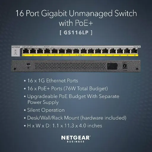 [GS116LP-100EUS] Netgear GS116LP-100EUS 16-Port Gigabit Ethernet Unmanaged PoE+ Switch with FlexPoE (76W) expandable to 115W or 183W (w/separately purchased power supply modules)