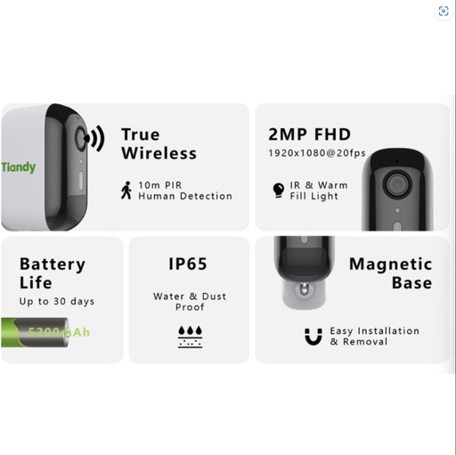 [TC-C32CN Spec:I3W/U/WIFI/2.8mm/V4.0] Tiandy TC-C32CN Spec:I3W/U/WIFI/2.8mm/V4.0 - Wireless homeuse - 1/2.9"CMOS,Built-in mic and speaker,plastic housing,WiFi,PIR detector,Battery, USB-C connector 