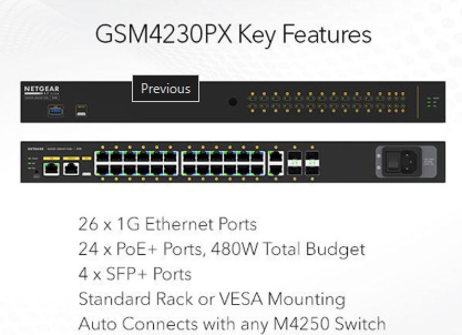 [GSM4230PX-100EUS] Netgear GSM4230PX-100 / M4250-26G4XF-PoE+   24x1G PoE+ 480W 2x1G and 4xSFP+ Managed Switch AV Line 